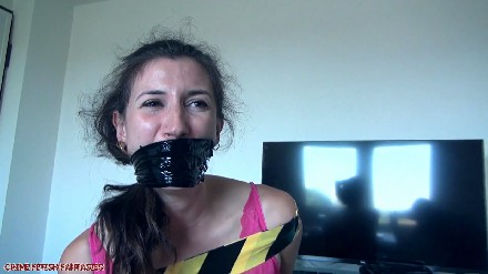 woman in tape bondage