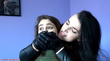 woman woman handsmother with black leather gloves